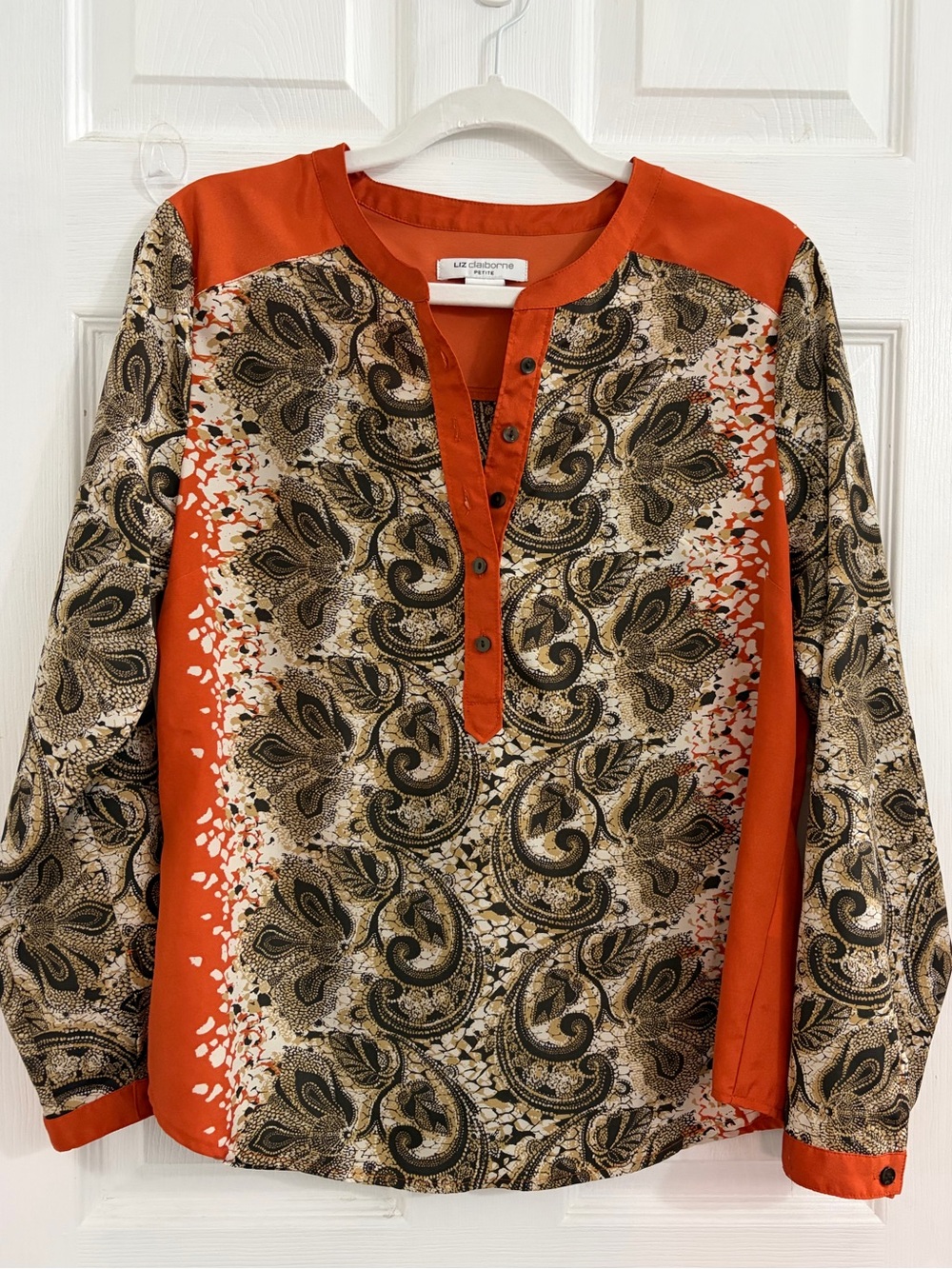 Liz Claiborne Orange and Brown Paisley blouse Long Sleeve. Size large $10